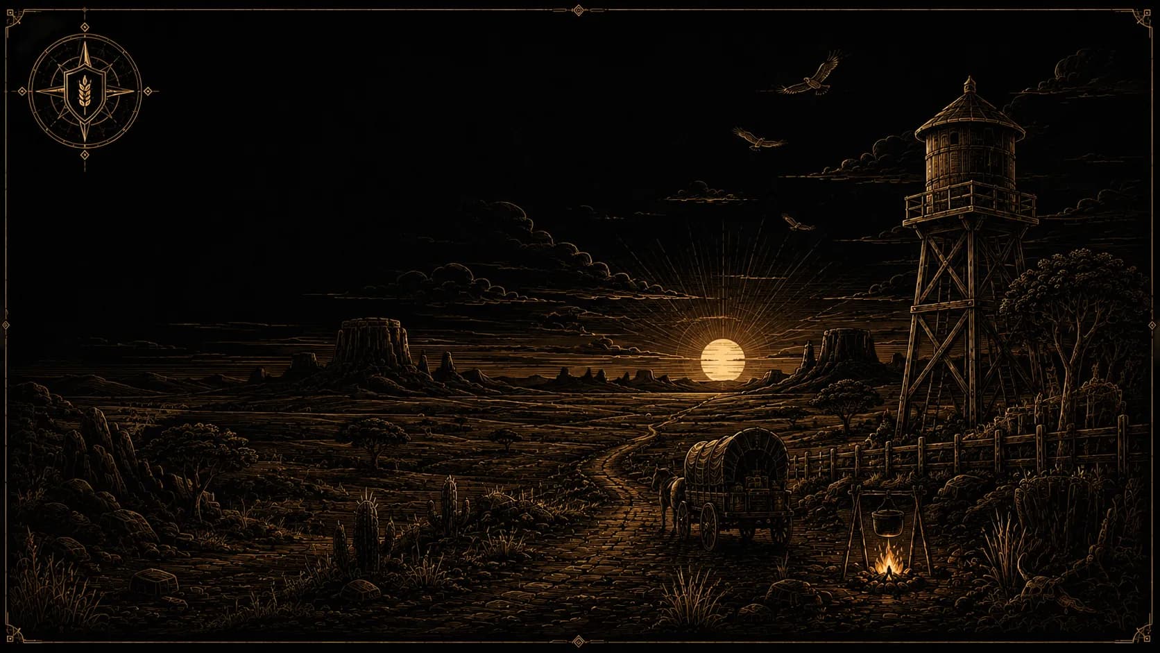 An open steppe at dusk — a watchtower and a road running to the horizon