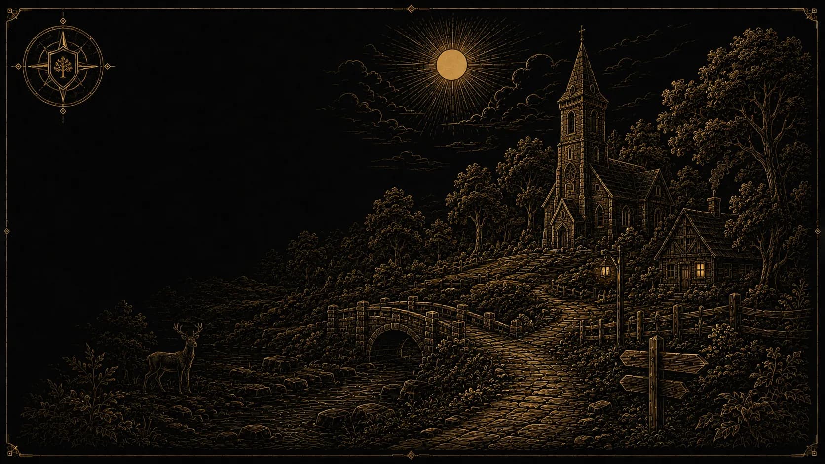 A quiet, kept Classic woodland — a cottage and old tower among the trees