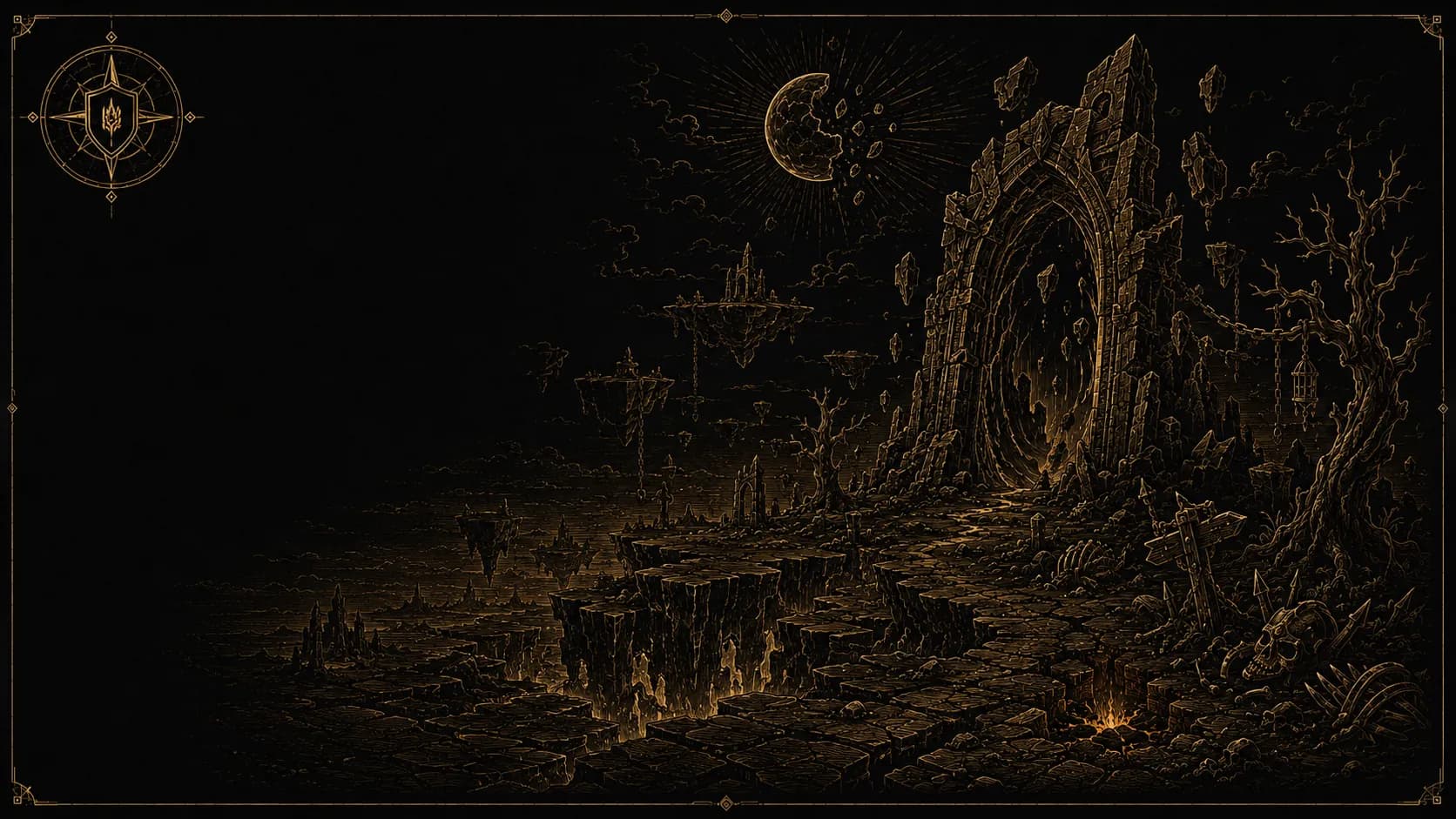 A shattered otherworld — a broken portal arch and floating rock under a splintered sky