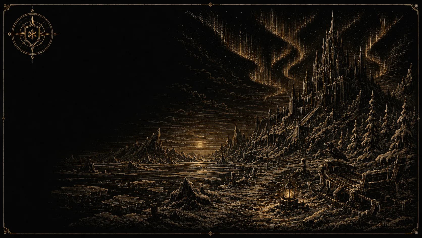 A frozen north — an ice citadel above a frozen lake under aurora